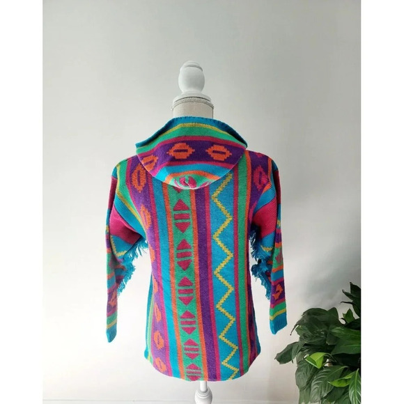 JJ Poole Vintage 80s 90s Aztec Southwestern Hooded Frayed Pullover Sweater XS S - Picture 6 of 12